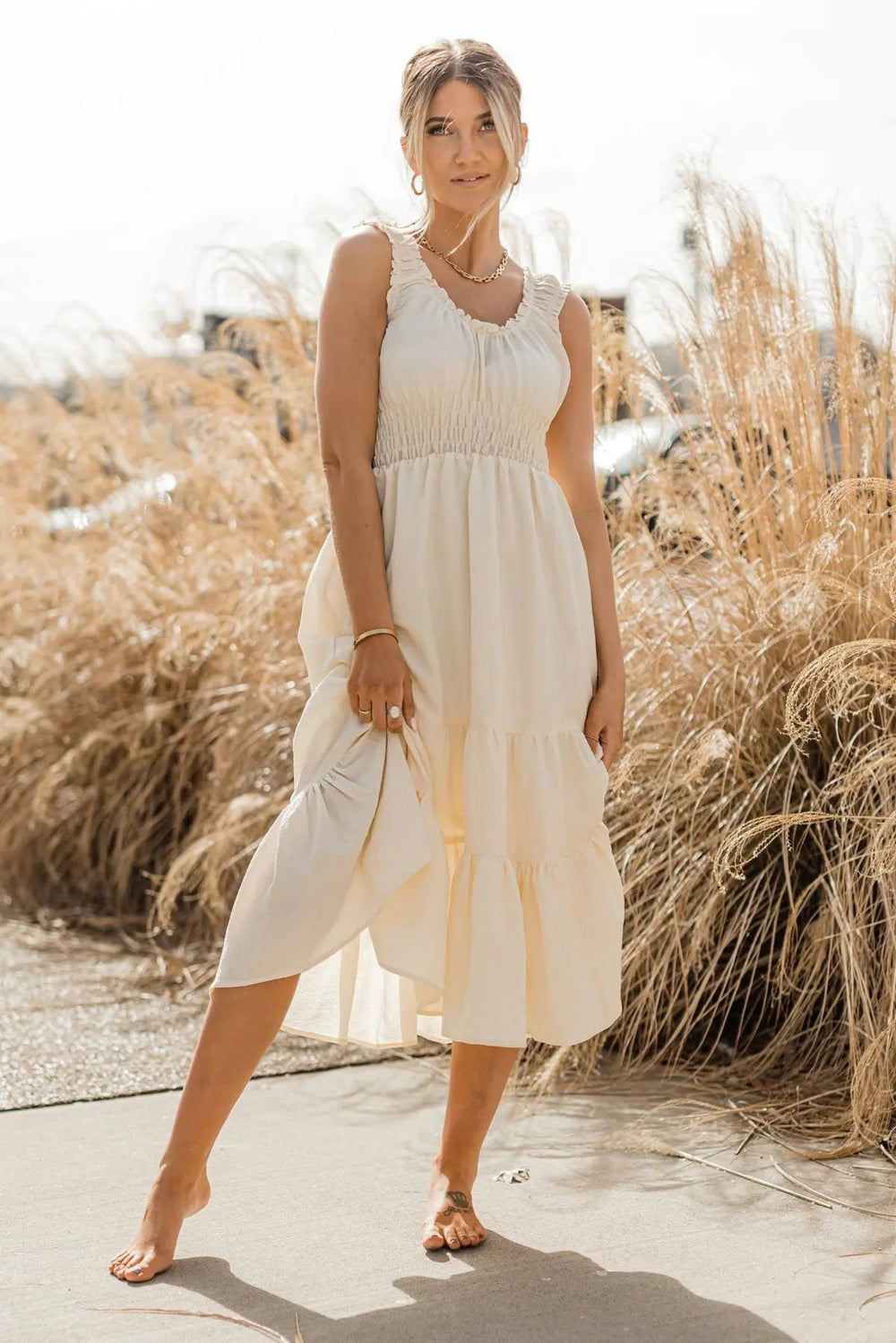 Zara Cream Smocked Waist Midi Dress - FINAL SALE - JO+CO