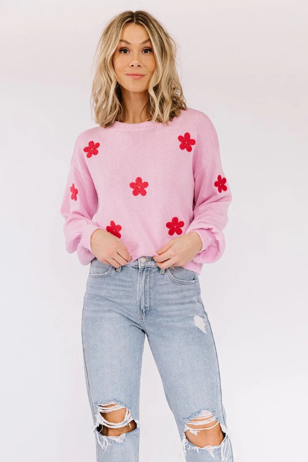 Annabelle Floral Embroidered Sweater - PINK - JO+CO