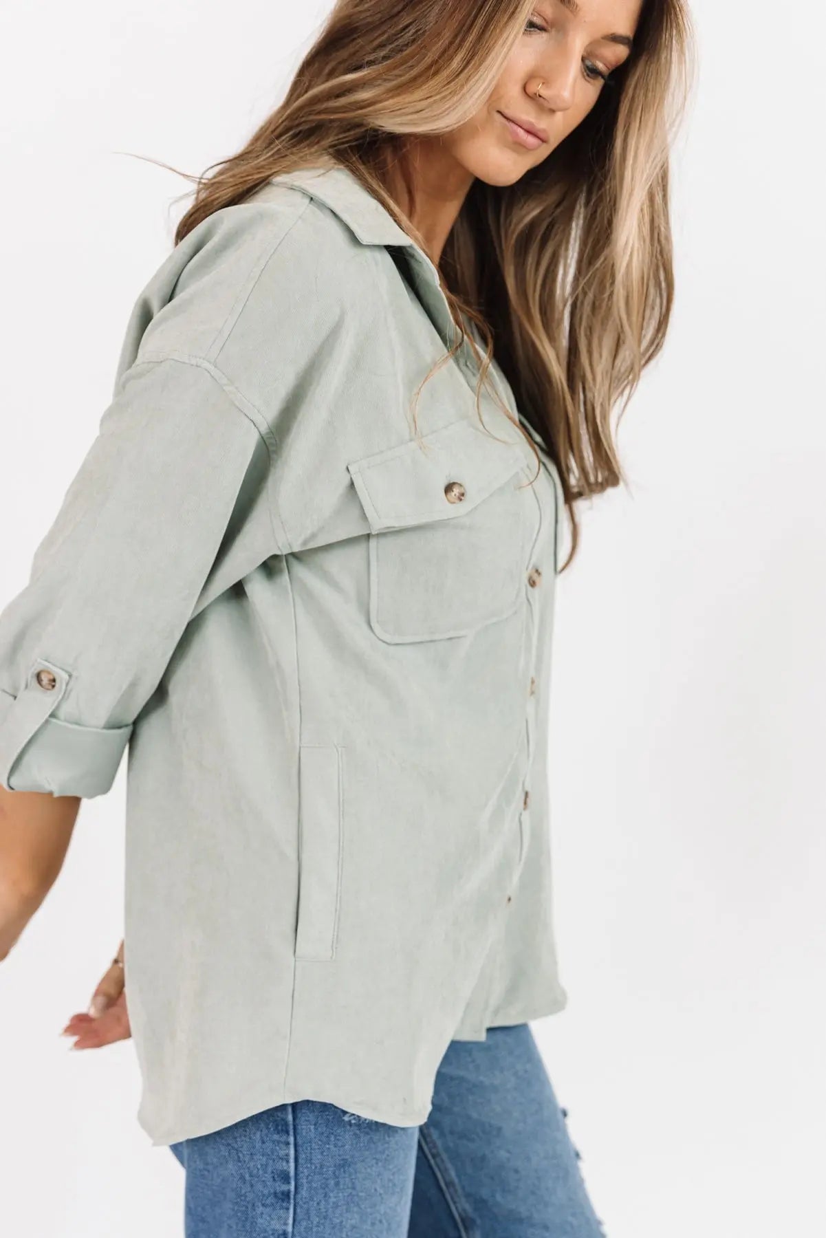 Arden Sage Faux Suede Button Down - JO+CO