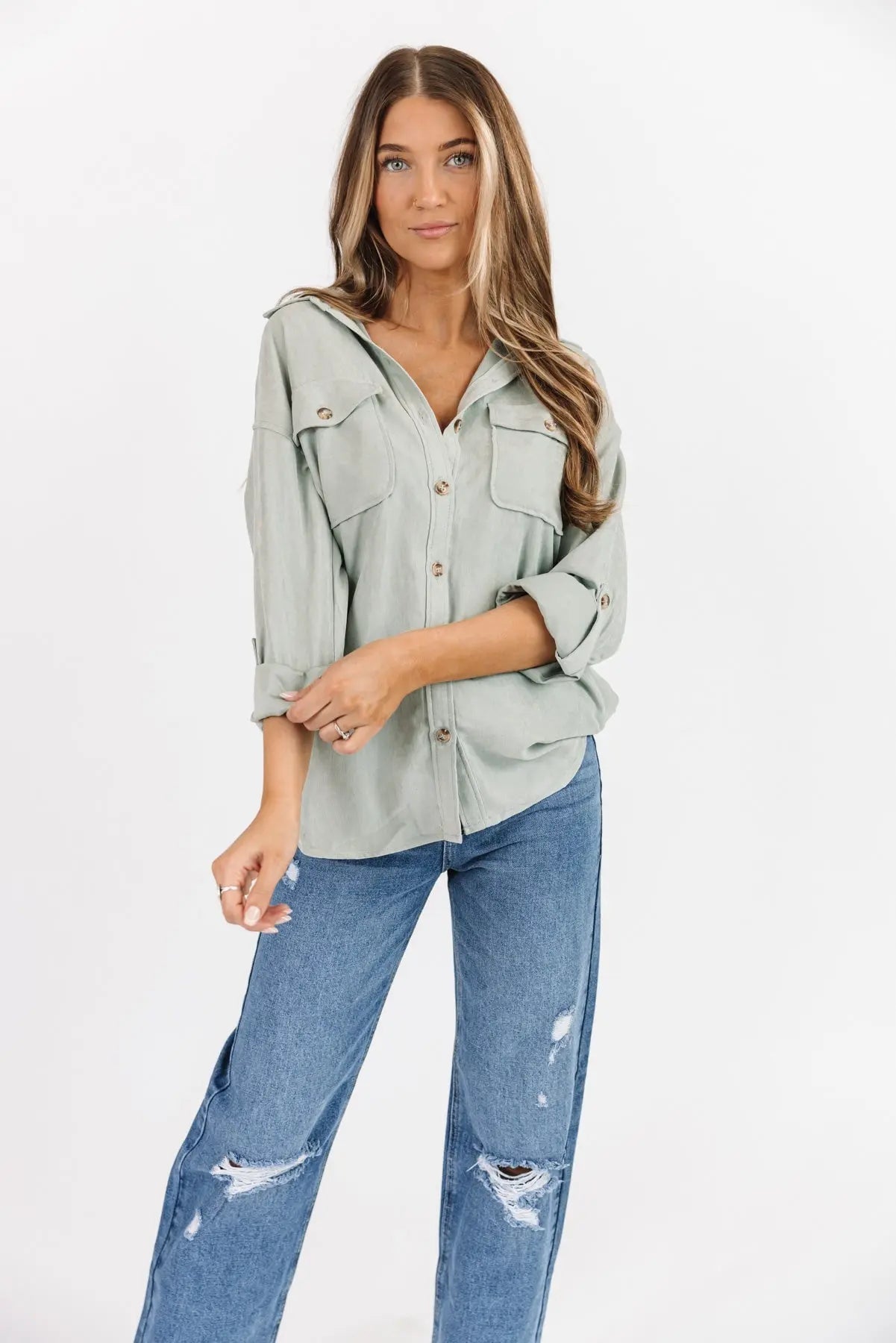 Arden Sage Faux Suede Button Down - JO+CO