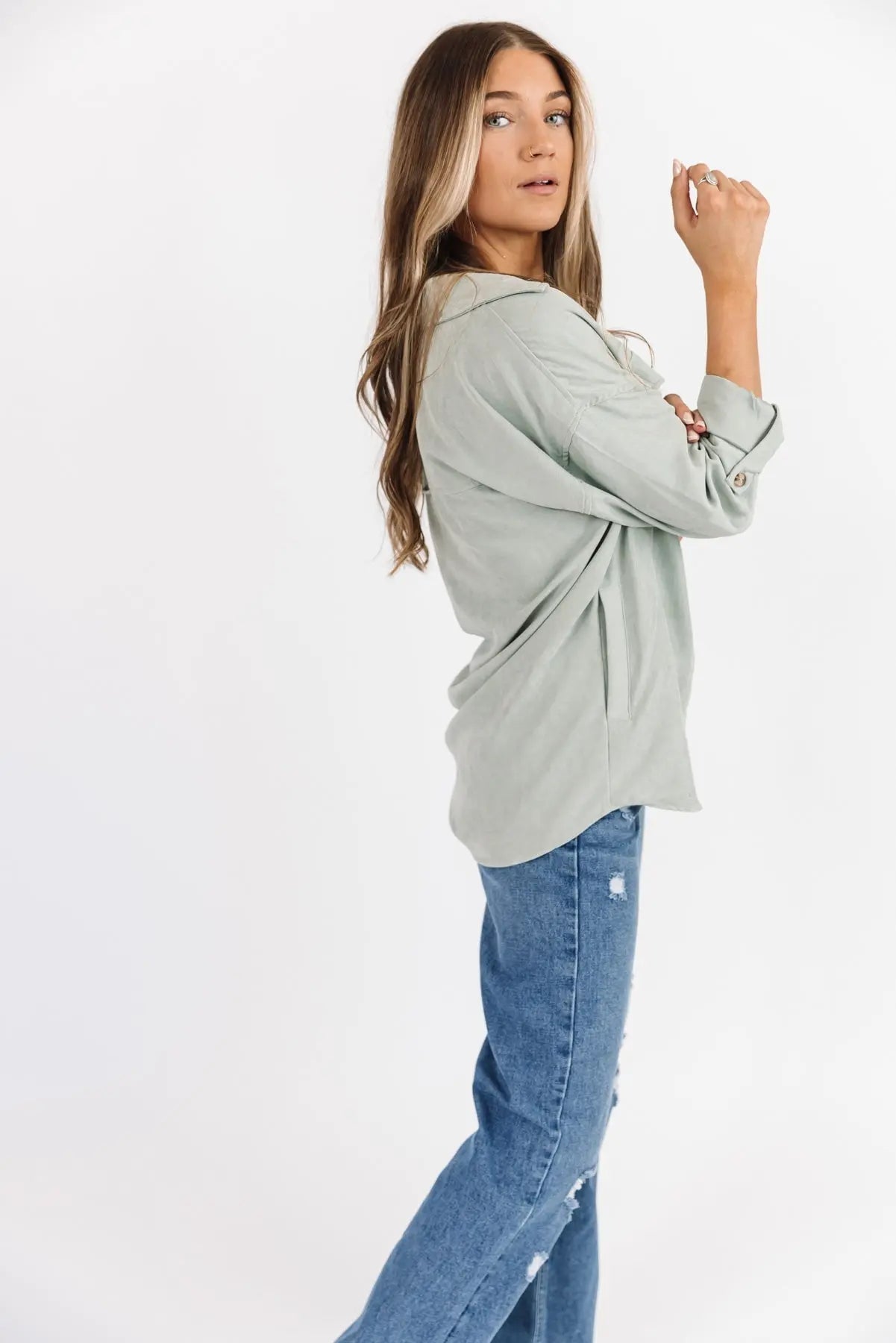 Arden Sage Faux Suede Button Down - JO+CO