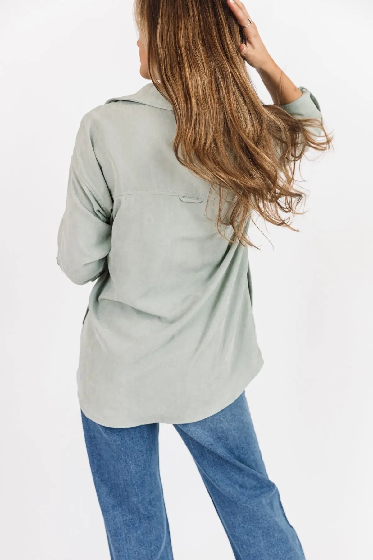 Arden Sage Faux Suede Button Down - JO+CO