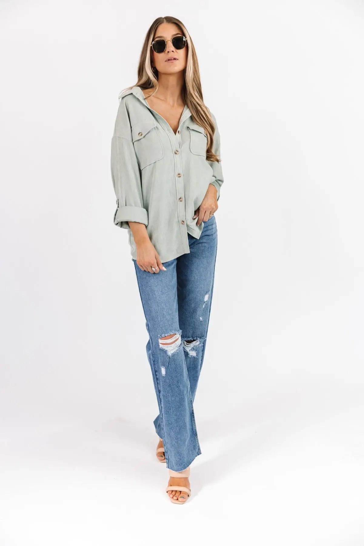 Arden Sage Faux Suede Button Down - JO+CO