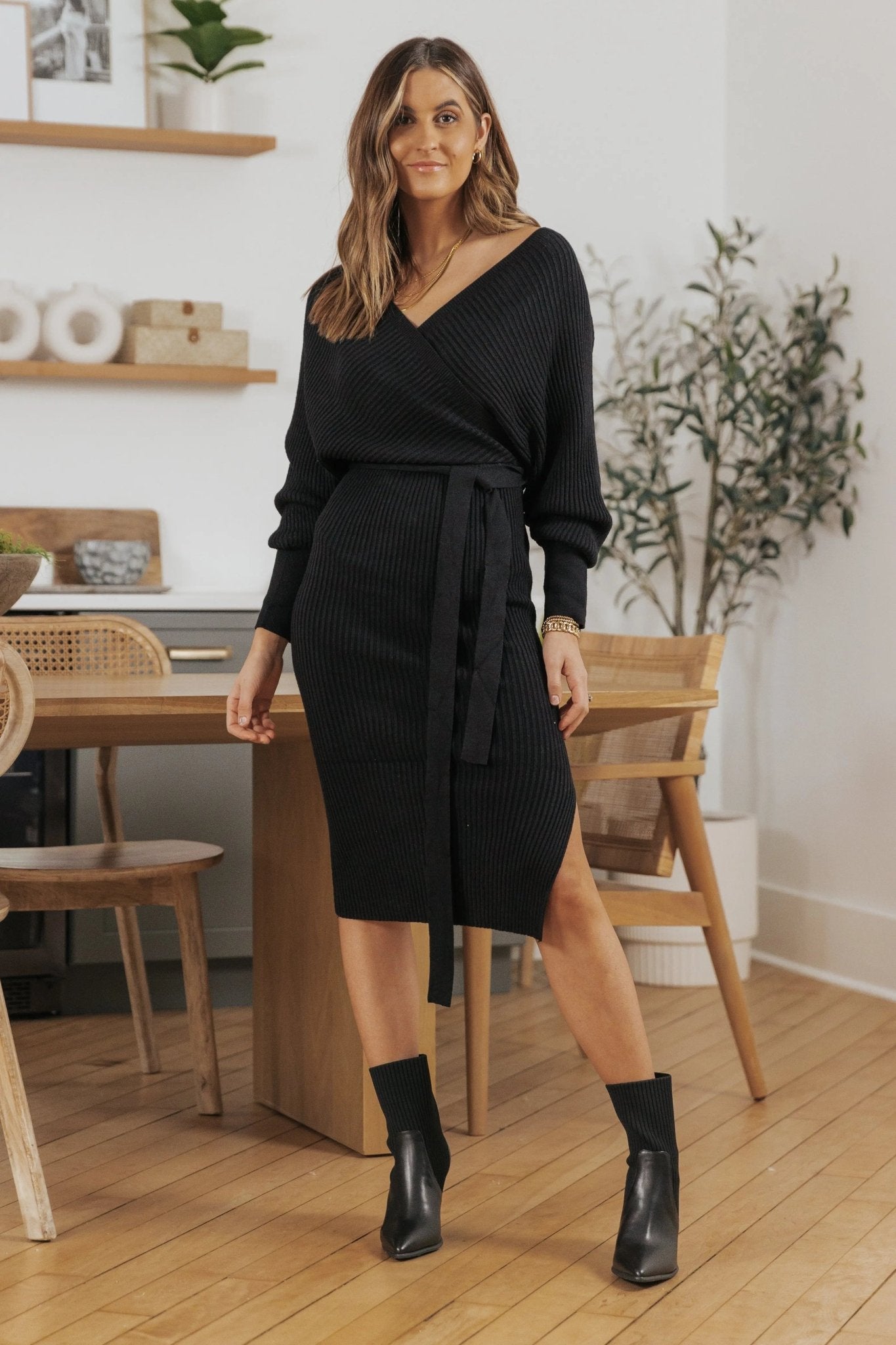 Ava Black Knit Wrapped Midi Sweater Dress - FINAL SALE - JO+CO