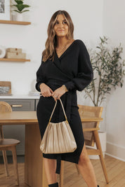 Ava Black Knit Wrapped Midi Sweater Dress - FINAL SALE - JO+CO