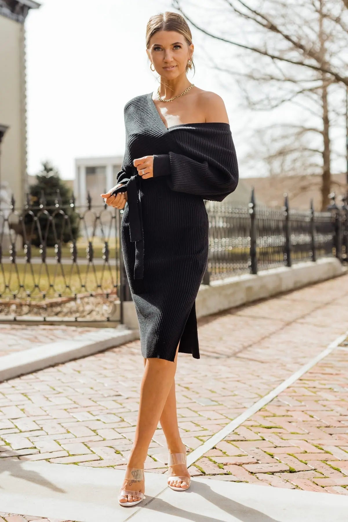Ava Black Knit Wrapped Midi Sweater Dress - FINAL SALE - JO+CO