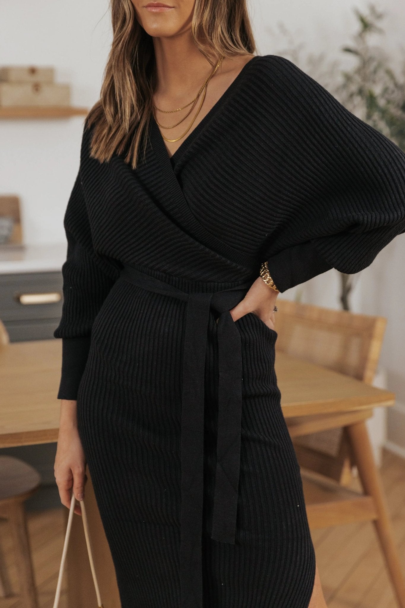 Ava Black Knit Wrapped Midi Sweater Dress - FINAL SALE - JO+CO