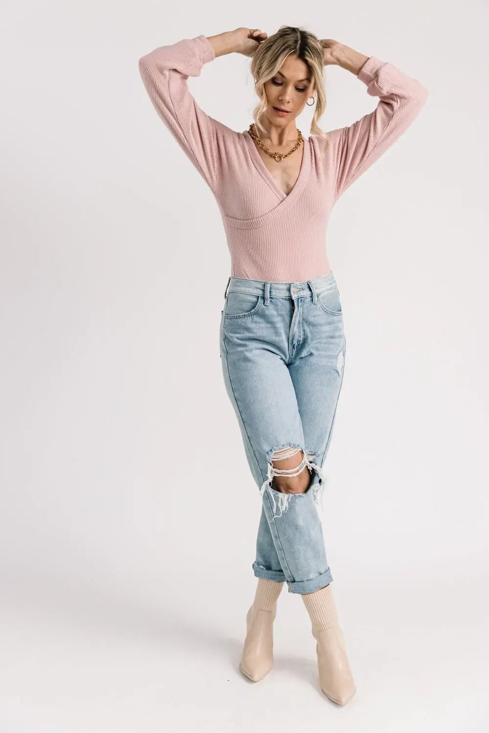 Brea Pink Wrapped Sweater Bodysuit - JO+CO