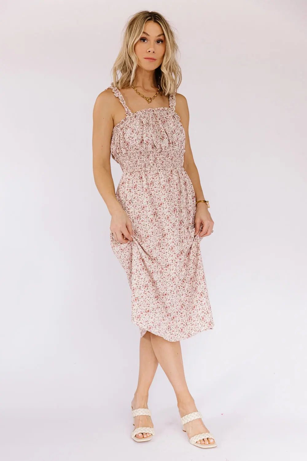 Callie Floral Cami Smocked Waist Midi Dress - ROSE - JO+CO
