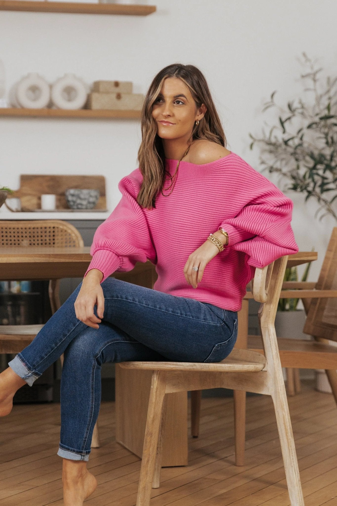 Cora Long Sleeve Rib Knit Sweater - PINK - JO+CO