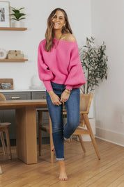 Cora Long Sleeve Rib Knit Sweater - PINK - JO+CO