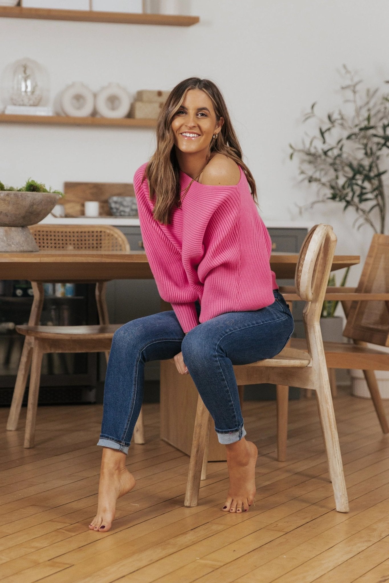 Cora Long Sleeve Rib Knit Sweater - PINK - JO+CO