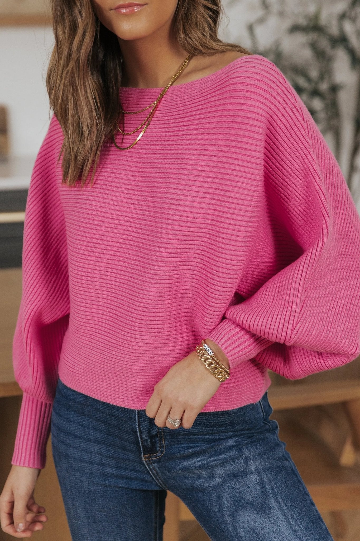 Cora Long Sleeve Rib Knit Sweater - PINK - JO+CO