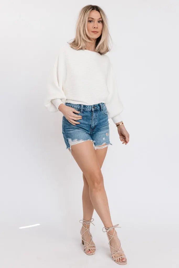 Cora White Long Sleeve Rib Knit Sweater - JO+CO