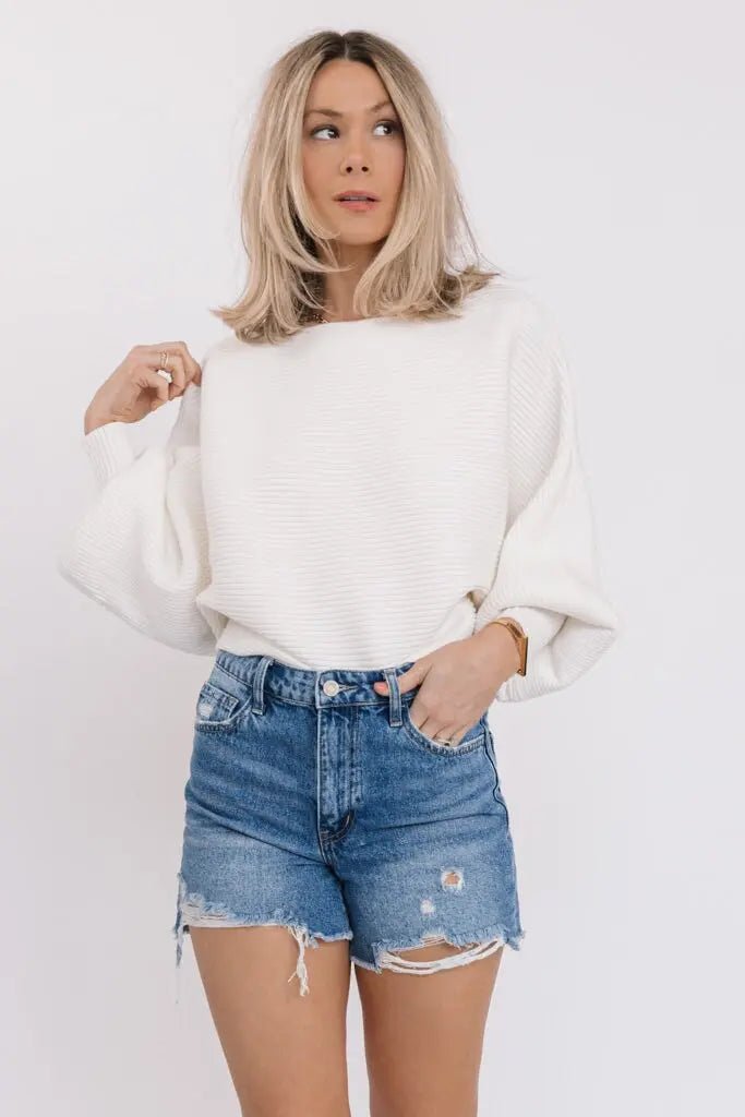 Cora White Long Sleeve Rib Knit Sweater - JO+CO