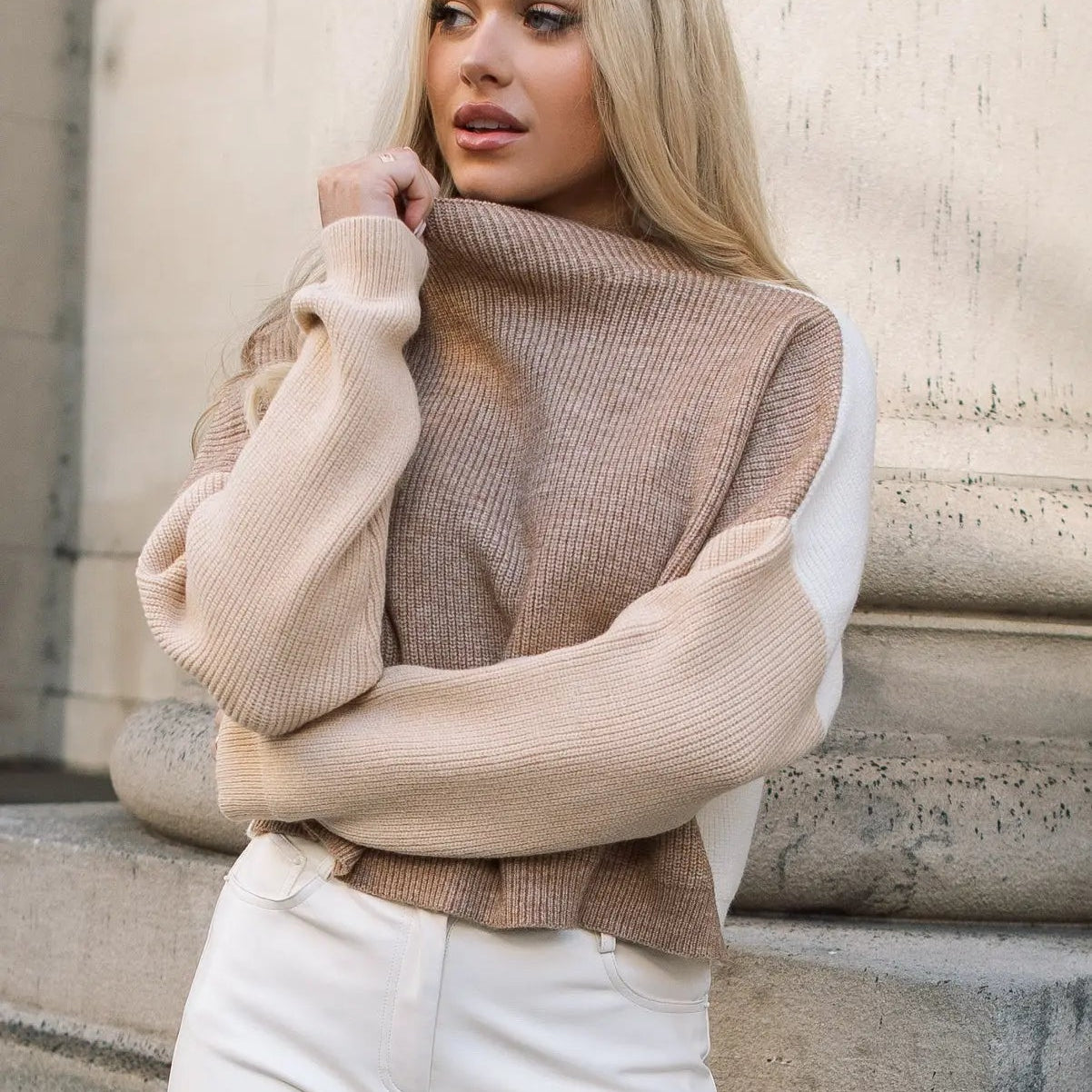 Cozy Up Tan Color Block Sweater - JO+CO