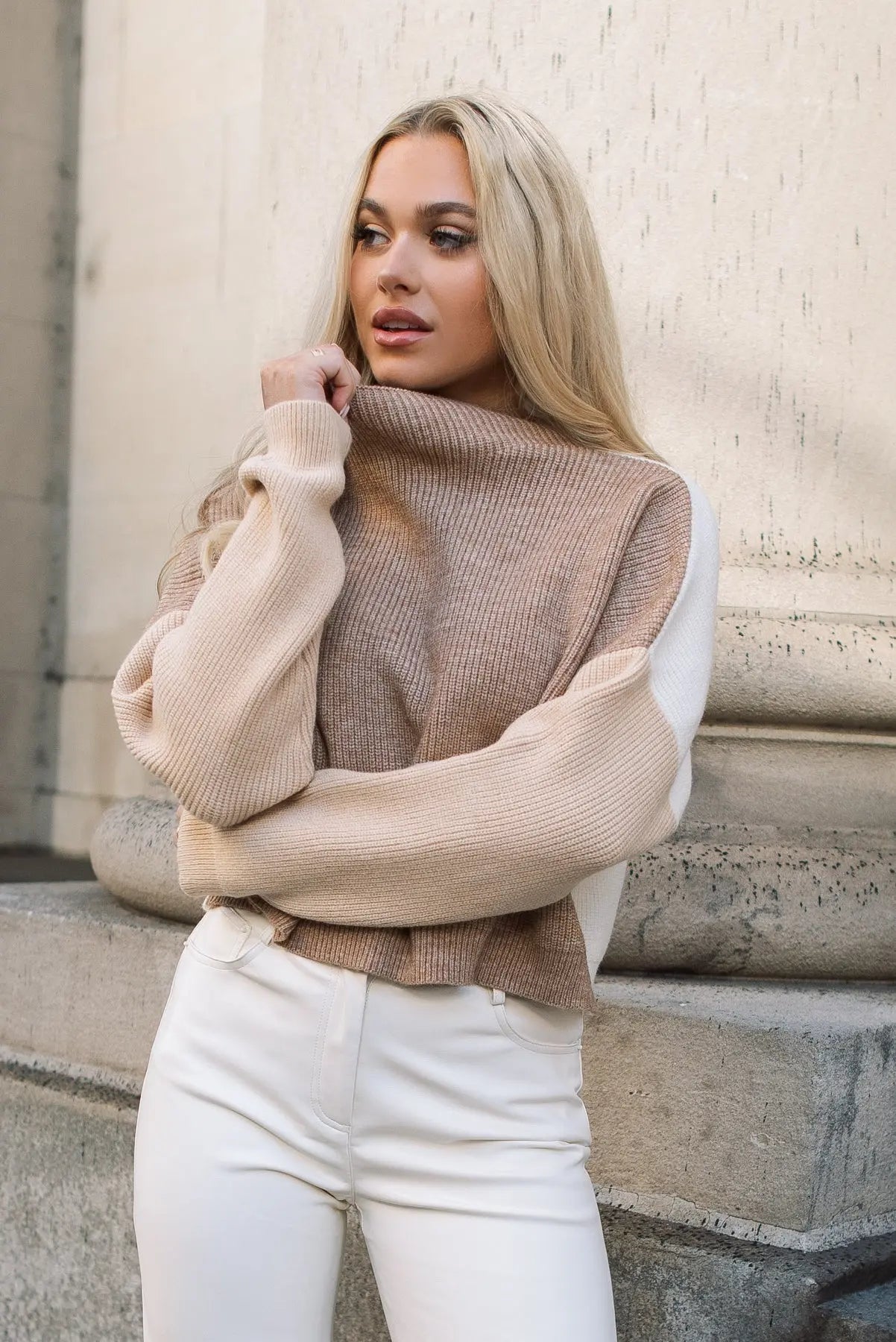 Cozy Up Tan Color Block Sweater - JO+CO