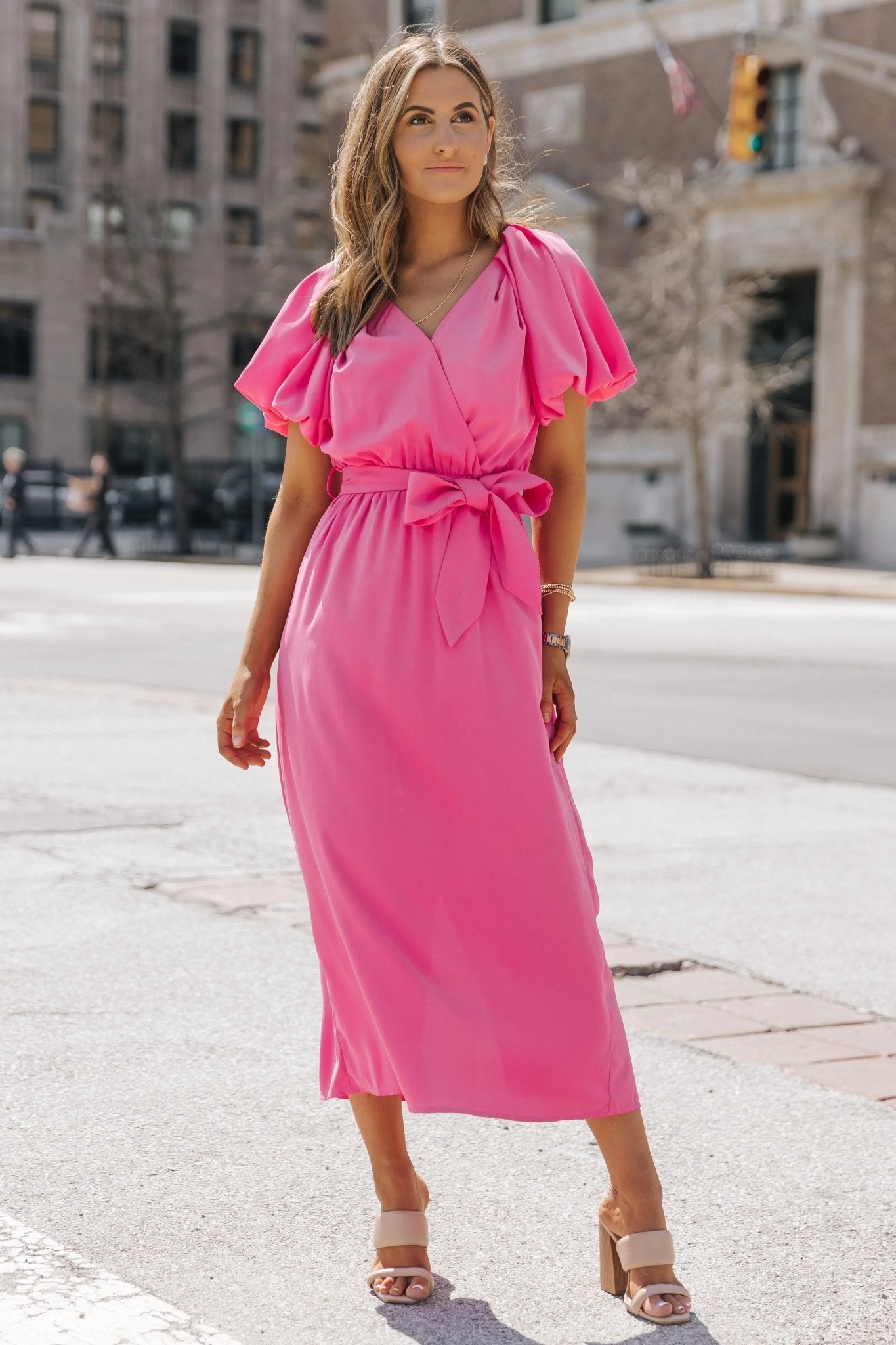 Gia Pink Puff Sleeve Midi Dress - FINAL SALE - JO+CO