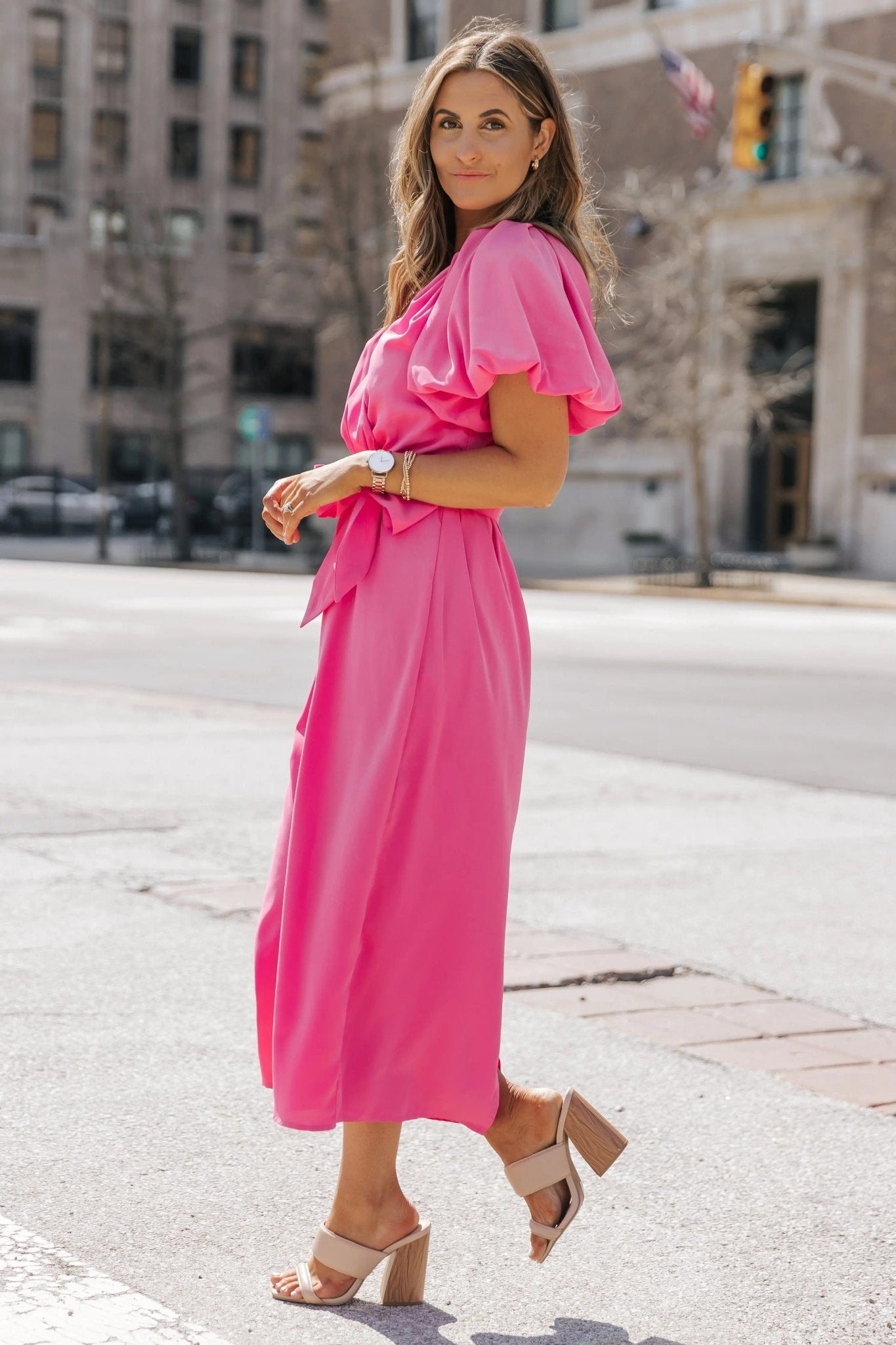 Gia Pink Puff Sleeve Midi Dress - FINAL SALE - JO+CO