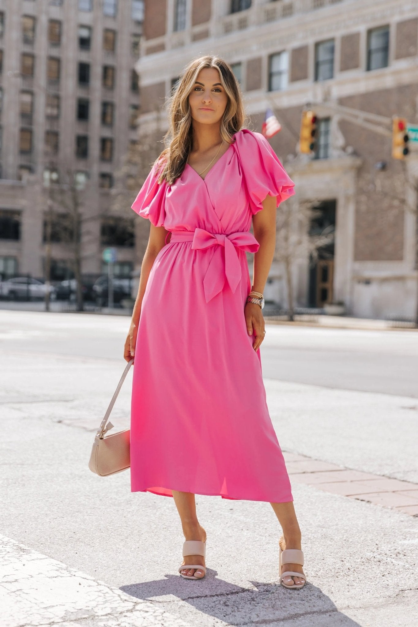 Gia Pink Puff Sleeve Midi Dress - FINAL SALE - JO+CO