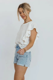In A Ruffle White Ribbed Top - FINAL SALE - JO+CO