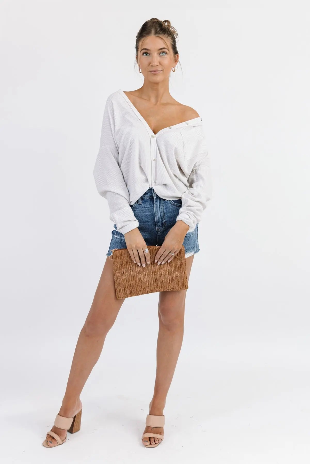 Jodie Natural Thin Stripe Button Down - FINAL SALE - JO+CO