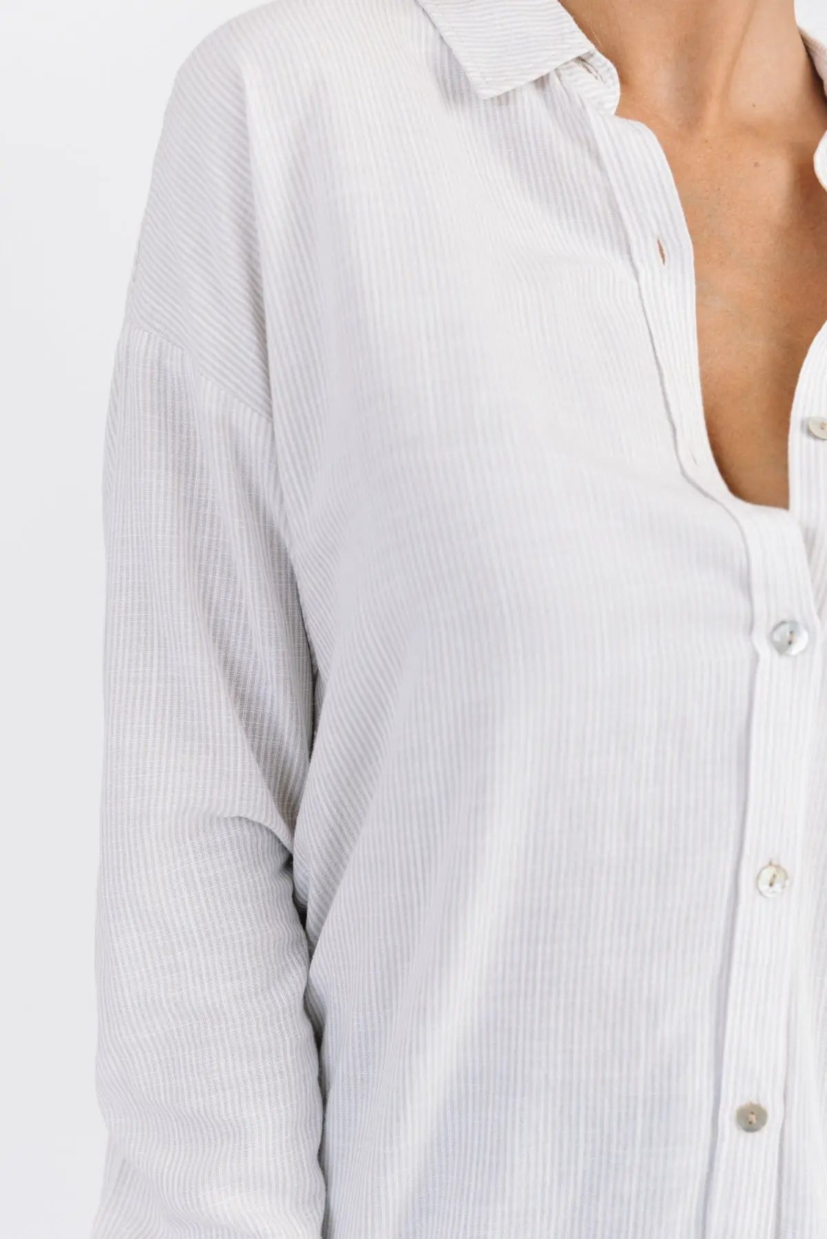 Jodie Natural Thin Stripe Button Down - FINAL SALE - JO+CO