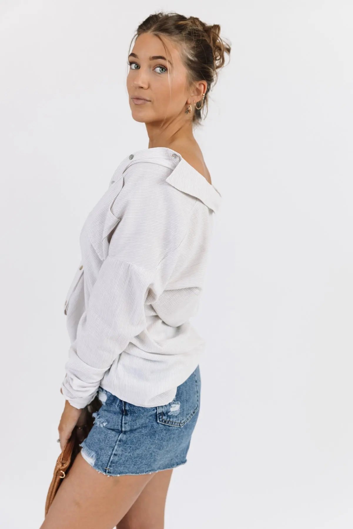 Jodie Natural Thin Stripe Button Down - FINAL SALE - JO+CO