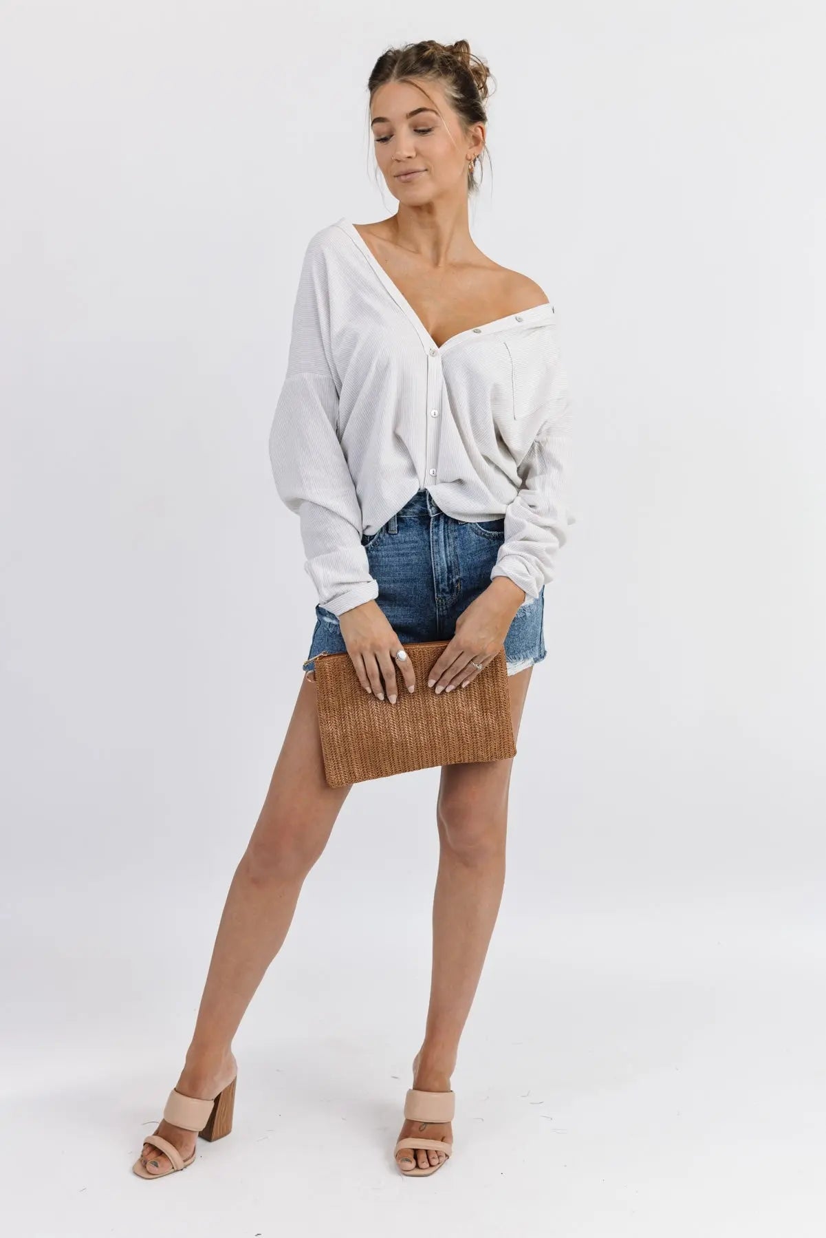 Jodie Natural Thin Stripe Button Down - FINAL SALE - JO+CO