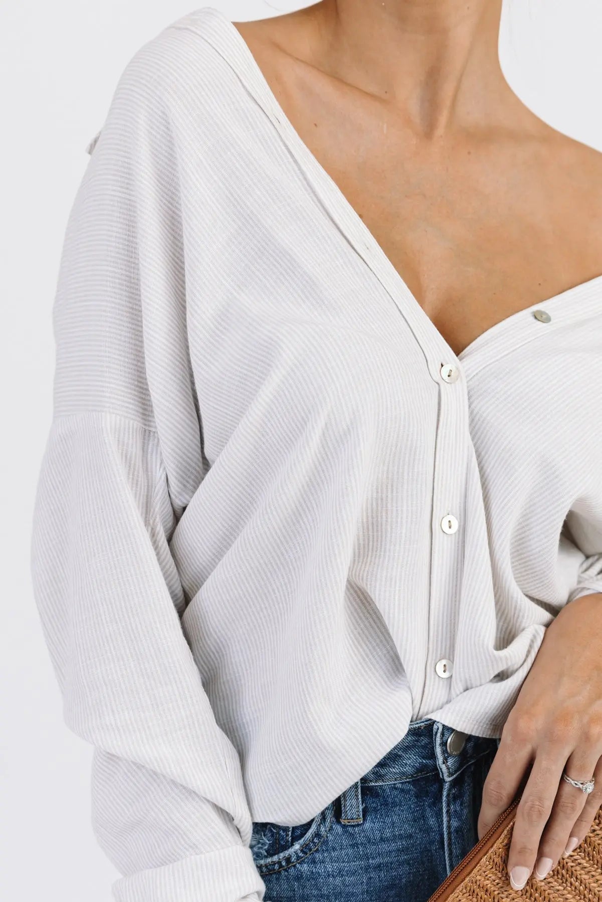 Jodie Natural Thin Stripe Button Down - FINAL SALE - JO+CO