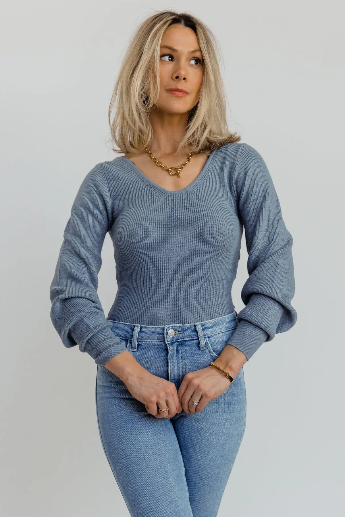 Layne Blue Knit Sweater Bodysuit - FINAL SALE - JO+CO