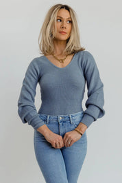 Layne Blue Knit Sweater Bodysuit - FINAL SALE - JO+CO