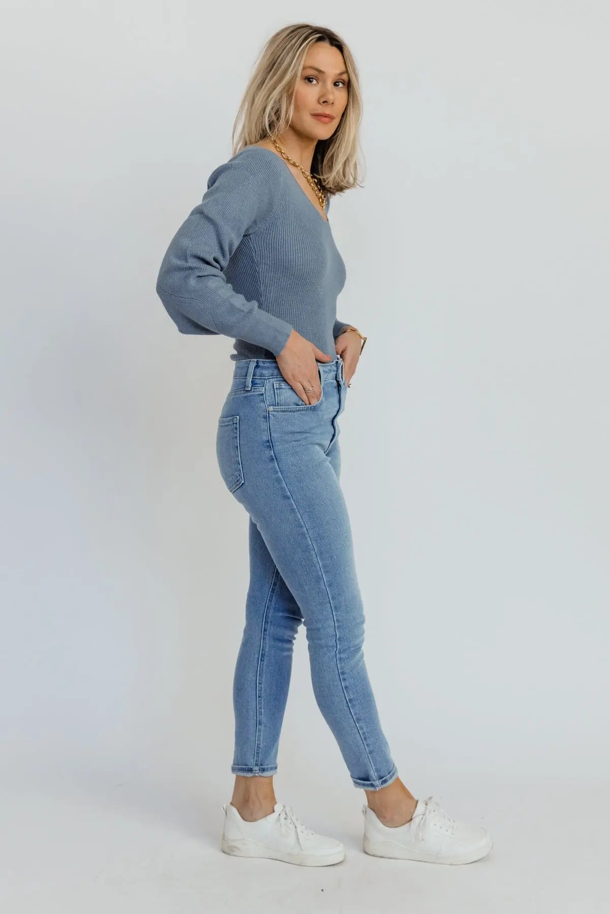 Layne Blue Knit Sweater Bodysuit - FINAL SALE - JO+CO