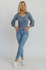 Layne Blue Knit Sweater Bodysuit - FINAL SALE - JO+CO