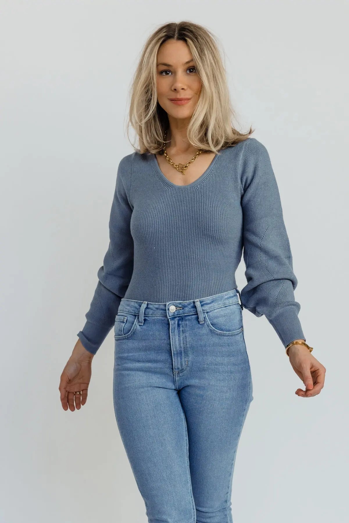Layne Blue Knit Sweater Bodysuit - FINAL SALE - JO+CO