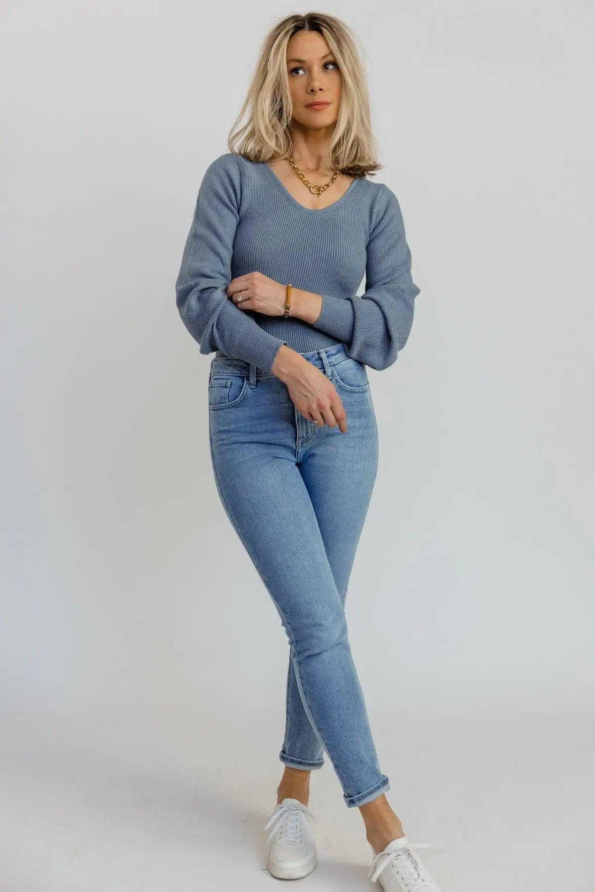 Layne Blue Knit Sweater Bodysuit - FINAL SALE - JO+CO