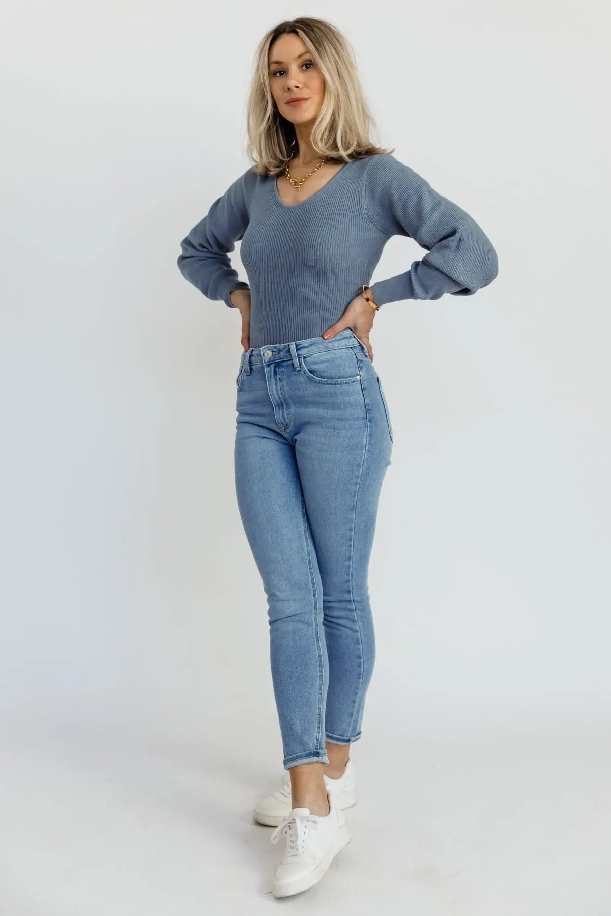 Layne Blue Knit Sweater Bodysuit - FINAL SALE - JO+CO