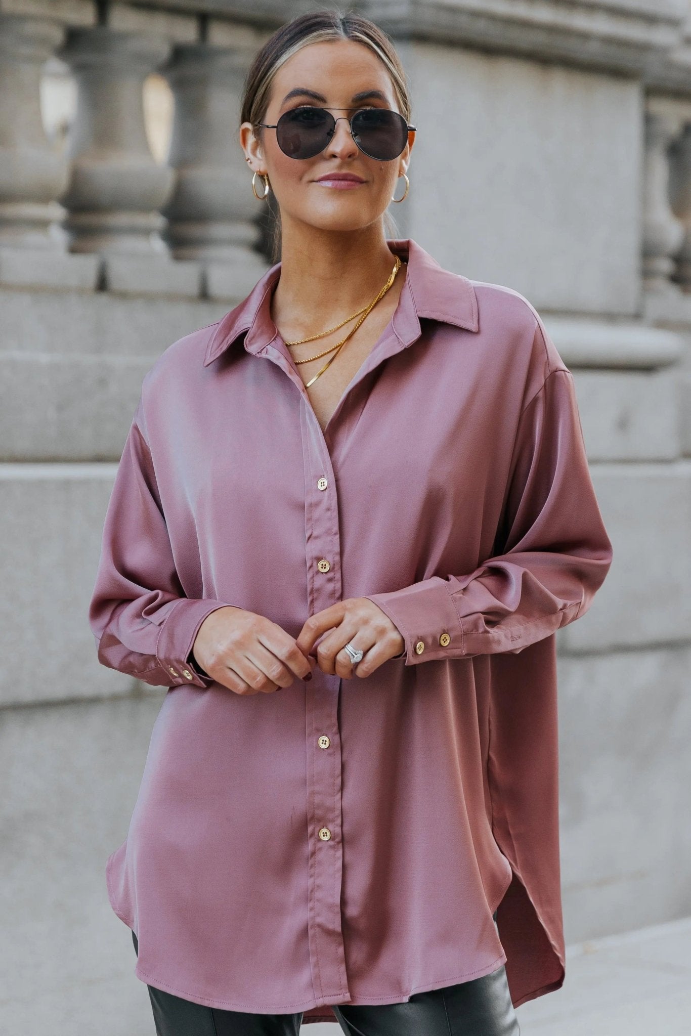 Mood Setter Satin Button Down Collared Top - COCOA - FINAL SALE - JO+CO