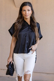 Over The Top Black Satin Top - FINAL SALE - JO+CO