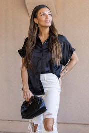 Over The Top Black Satin Top - FINAL SALE - JO+CO