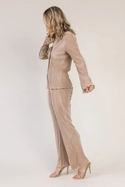 Plissé Panache Taupe Button Down Top - JO+CO