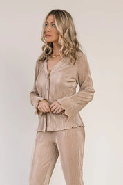 Plissé Panache Taupe Button Down Top - JO+CO