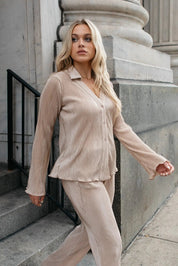 Plissé Panache Taupe Button Down Top - JO+CO