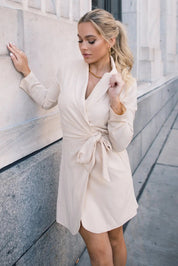 Satin Sway Cream Wrapped Mini Dress - JO+CO