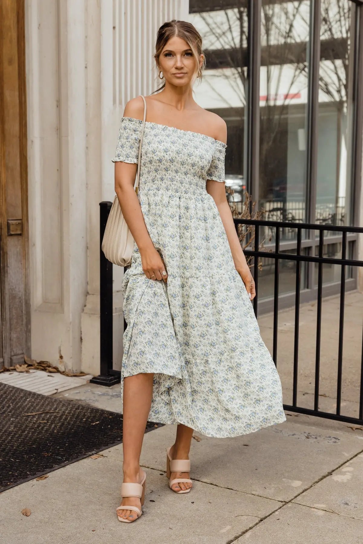 Savannah Cream Floral Off Shoulder Midi Dress - JO+CO