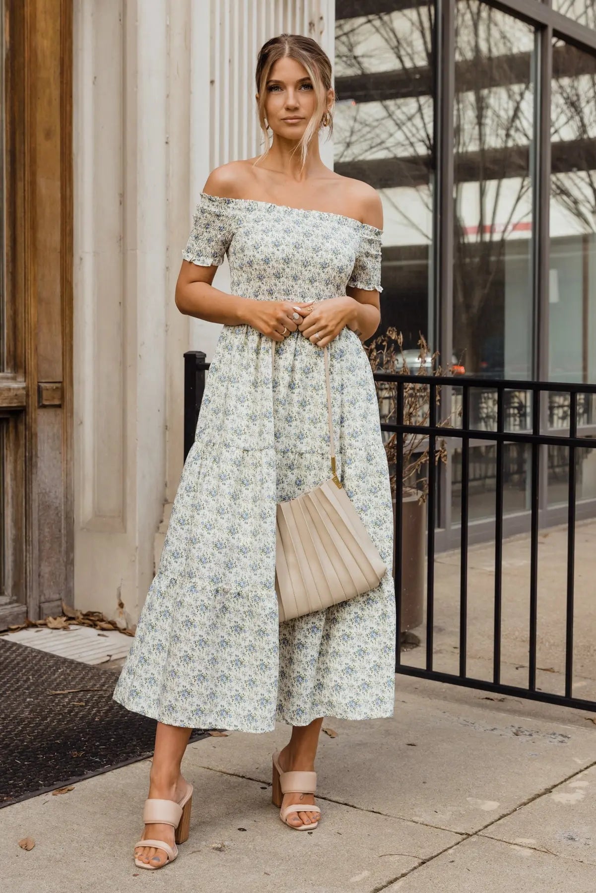 Savannah Cream Floral Off Shoulder Midi Dress - JO+CO