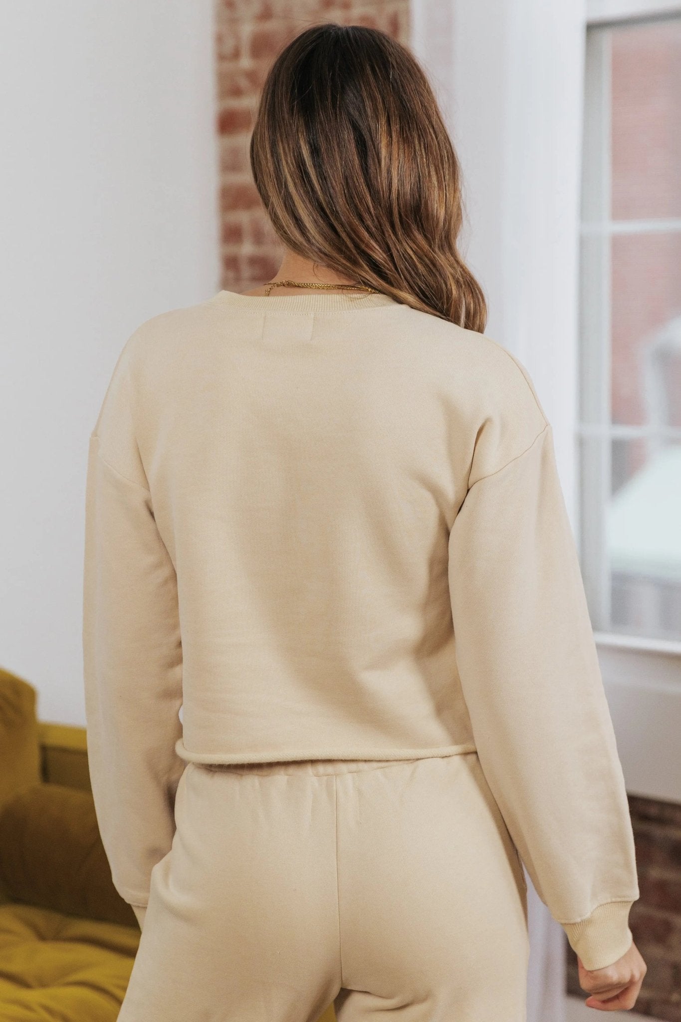 Sophie Cropped Terry Lounge Pullover Sweater - BEIGE - JO+CO