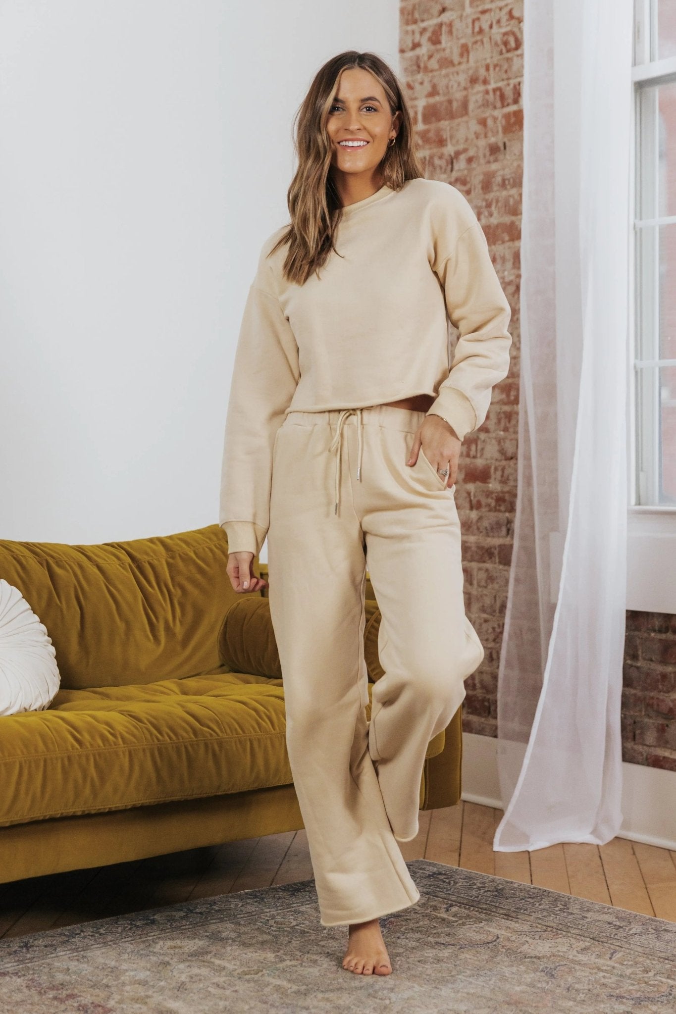 Sophie Cropped Terry Lounge Pullover Sweater - BEIGE - JO+CO