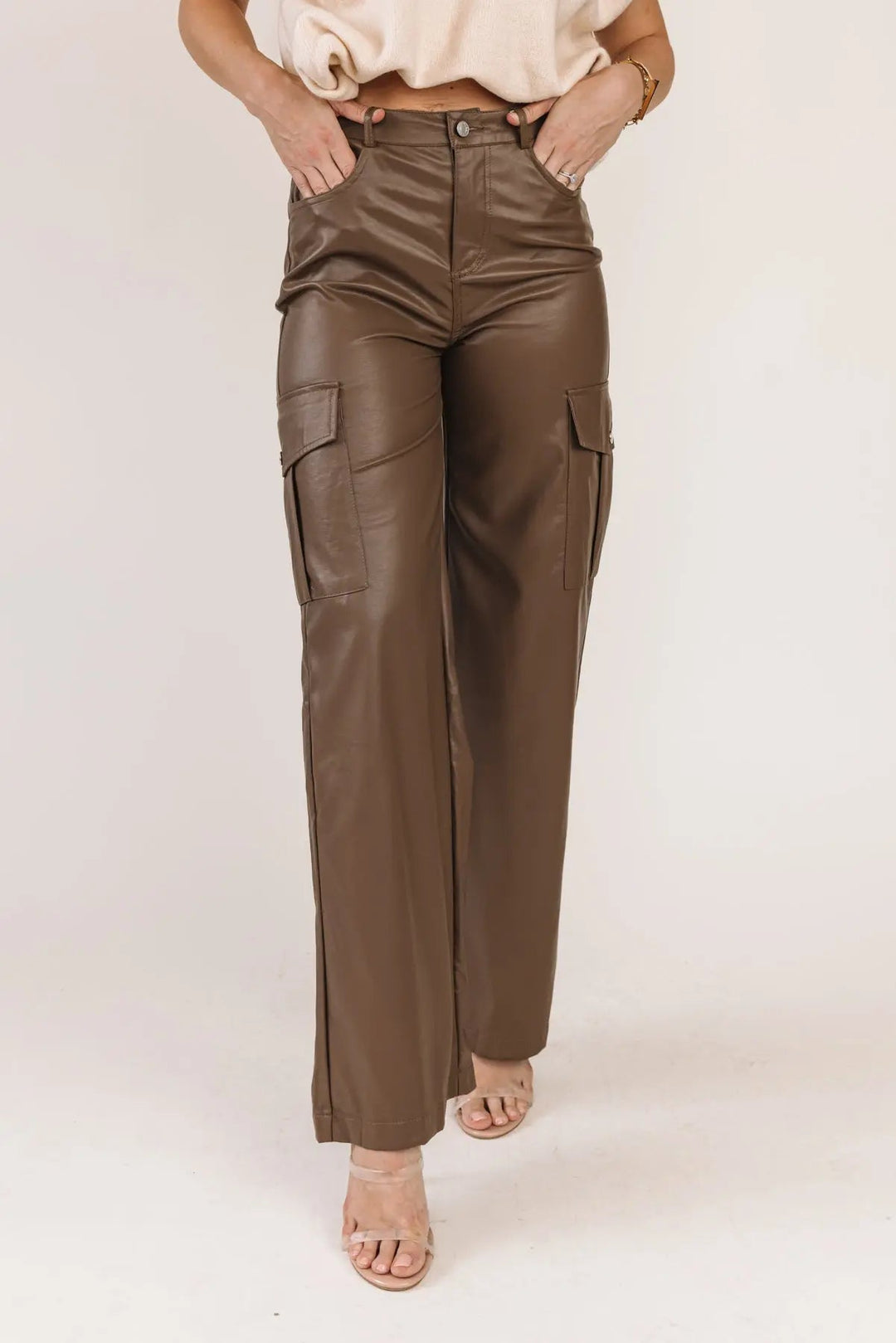 Trendy Girl Brown Faux Leather Pants: Transition from Day to Night